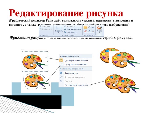 Редактирование рисунка (Графический редактор Paint даёт возможность удалить, переместить, вырезать и вставить , а также изменить определённым образом любую часть изображения) Фрагмент рисунка – это выделенная часть компьютерного рисунка.