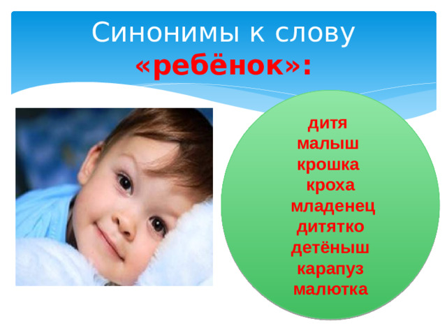Синонимы к слову «ребёнок»: дитя малыш крошка кроха младенец дитятко детёныш карапуз малютка