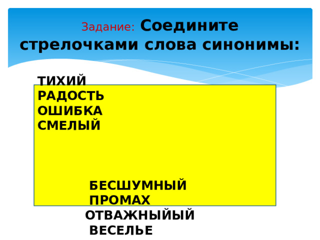 Задание: Соедините стрелочками слова синонимы: ТИХИЙ РАДОСТЬ ОШИБКА СМЕЛЫЙ БЕСШУМНЫЙ ПРОМАХ ОТВАЖНЫЙЫЙ ВЕСЕЛЬЕ тихий бесшумный радость промах ошибка трусливый смелый веселье