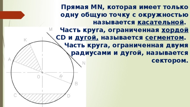 Прямая MN, которая имеет только одну общую точку с окружностью называется касательной .  Часть круга, ограниченная хордой CD и дугой, называется сегментом .  Часть круга, ограниченная двумя радиусами и дугой, называется сектором.