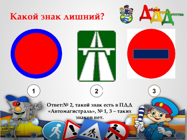 Какой знак лишний?    Ответ:№ 2, такой знак есть в ПДД «Автомагистраль», № 1, 3 – таких знаков нет.