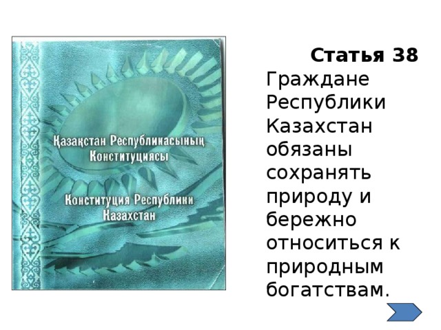 Статья 38 Граждане Республики Казахстан обязаны сохранять природу и бережно относиться к природным богатствам.