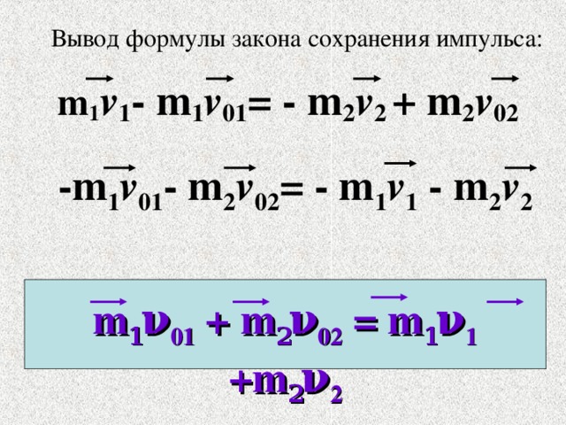 Вывод формулы закона сохранения импульса: m 1 v 1 - m 1 v 01 = - m 2 v 2 + m 2 v 02 -m 1 v 01 - m 2 v 02 = - m 1 v 1 - m 2 v 2  m 1 ν 01 + m 2 ν 02 = m 1 ν 1 +m 2 ν 2