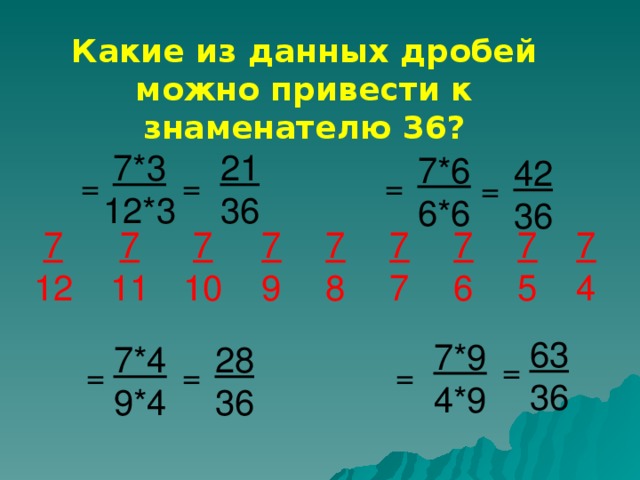 Какие из данных дробей можно привести к знаменателю 36? 21 36 7*3 12*3 7*6 6*6 42 36 = = = = 7 8 7 6 7 5 7 4 7 9 7 10 7 11 7 12 7 7 63 36 7*9 4*9 28 36 7*4 9*4 = = = =
