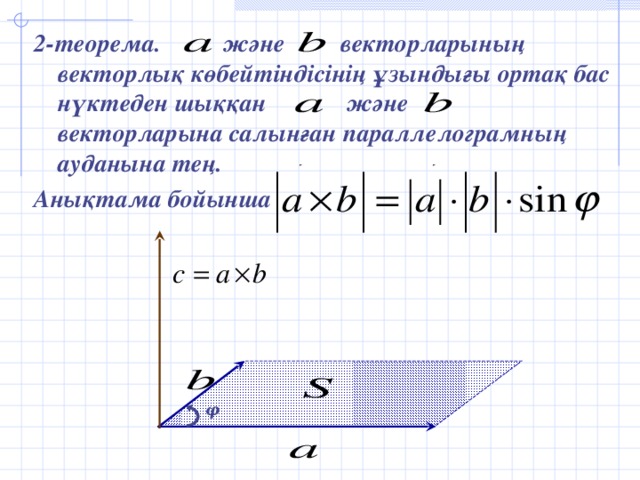 2-теорема. және векторларының векторлық көбейтіндісінің ұзындығы ортақ бас нүктеден шыққан және векторларына салынған параллелограмның ауданына тең. Анықтама бойынша    φ