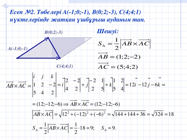 Есеп №2 . Төбелері А(-1;0;-1), В(0;2;-3), С(4;4;1) нүктелерінде жатқан үшбұрыш ауданын тап. Шешу і: B( 0;2;-3 ) A( - 1;0;-1 ) C( 4;4;1 )