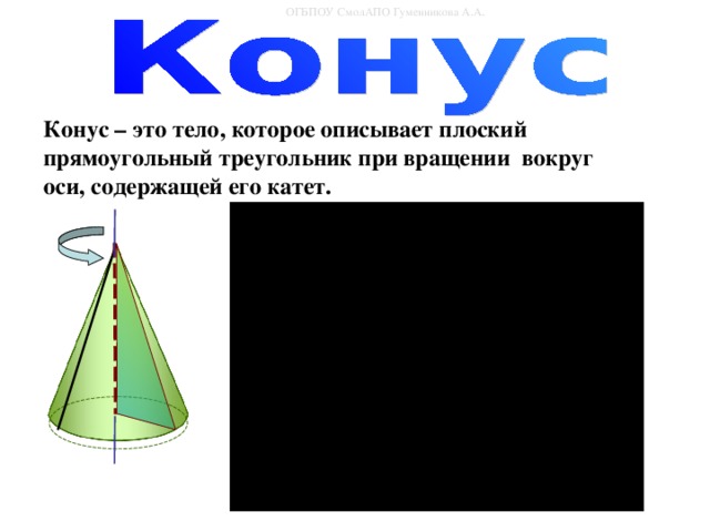 ОГБПОУ СмолАПО Гуменникова А.А . Конус – это тело, которое описывает плоский прямоугольный треугольник при вращении вокруг оси, содержащей его катет.