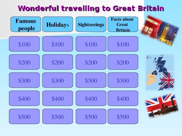Wonderful travelling to Great Britain Famous  people Holiday s Sightseeings Facts about Great Britain $100 $100 $100 $100 $200 $200 $200 $200 $300 $300 $300 $300 $400 $400 $400 $400 $500 $500 $500 $500