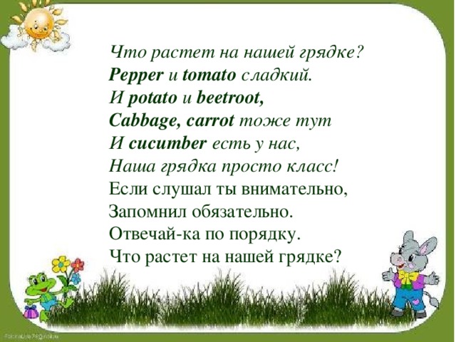 Что растет на нашей грядке?  Pepper и tomato сладкий.   И potato и beetroot, Cabbage, carrot  тоже тут  И cucumber есть у нас, Наша грядка просто класс!  Если слушал ты внимательно,   Запомнил обязательно.   Отвечай-ка по порядку.   Что растет на нашей грядке?