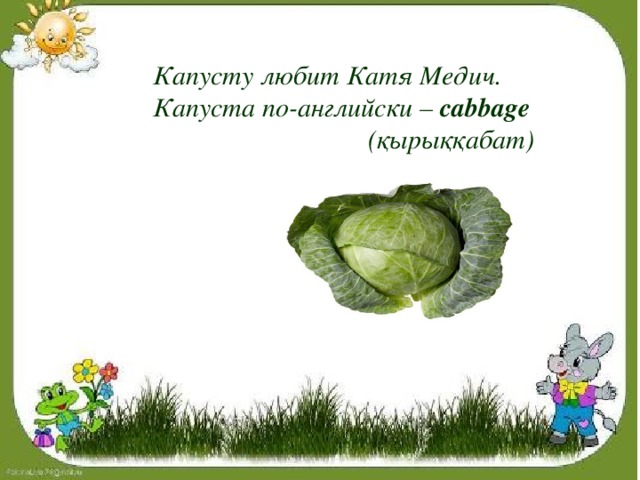 Капусту любит Катя Медич. Капуста по-английски – cabbage  (қырыққабат)
