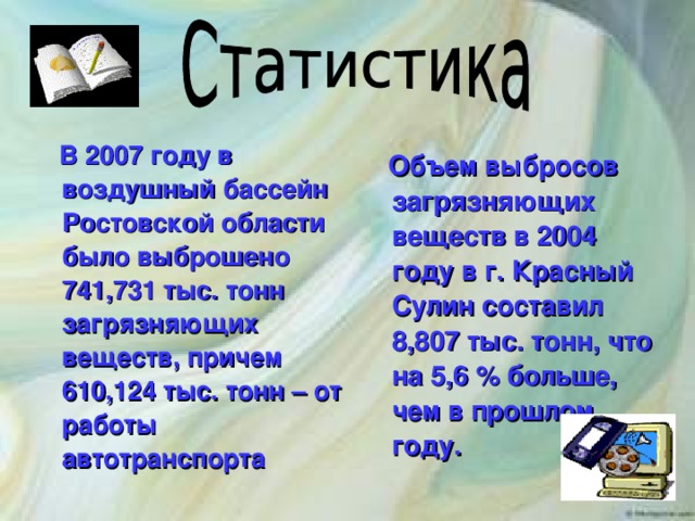 В 2007 году в воздушный бассейн Ростовской области было выброшено 741,731 тыс. тонн загрязняющих веществ, причем 610,124 тыс. тонн – от работы автотранспорта   Объем выбросов загрязняющих веществ в 2004 году в г. Красный Сулин составил 8,807 тыс. тонн, что на 5,6 % больше, чем в прошлом году.