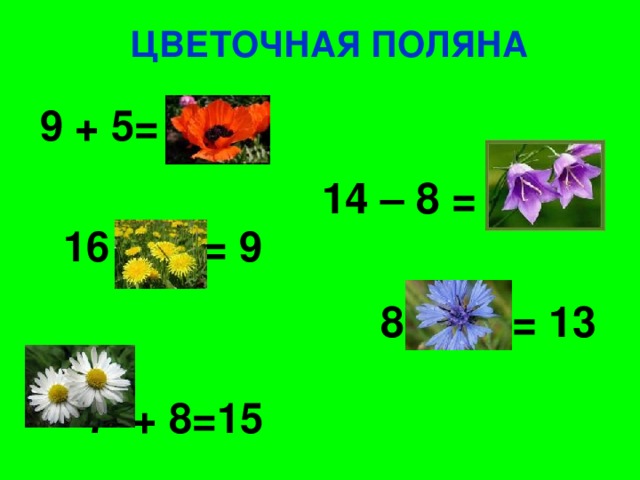 ЦВЕТОЧНАЯ ПОЛЯНА  9 + 5= 14  16 – 7 = 9  7 + 8=15 14 – 8 = 6  8 + 5 = 13