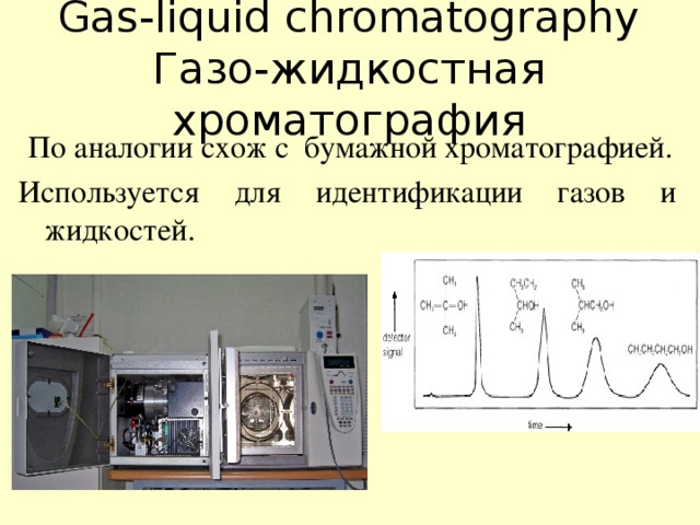 Gas-liquid chromatography  Газо-жидкостная хроматография  По аналогии схож с бумажной хроматографией. Используется для идентификации газов и жидкостей.  