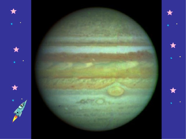 Jupiter *Jupiter is the fifth planet of the solar system. It is the first planet of the outer solar system *It is 5.20 AU from the sun *It orbits the sun in 12 years *It rotates about its axis in 10 hours *It masses more than twice all the other planets combined, 320 times that of Earth *Its diameter is 1300 times that of Earth *It has a gaseous surface *It has at least sixteen moons and a minor ring system. The moons are mostly named after Zeus (Jupiter's) lovers *It is named after the King of the Gods, ruler of Olympus and patron of the Roman states *It is mostly made of about 90% hydrogen and 10% helium (by numbers of atoms, 75/25% by mass) with traces of methane, water, ammonia and 