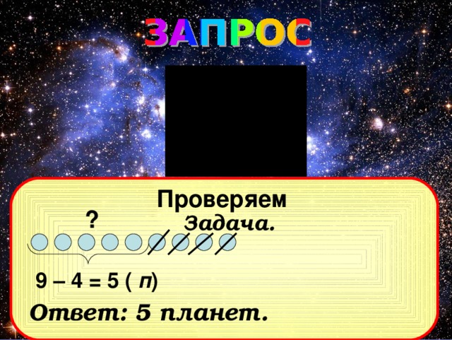 Проверяем ? Задача. 9 – 4 = 5 ( п ) Ответ: 5 планет.
