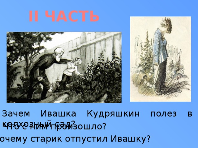 II ЧАСТЬ Зачем Ивашка Кудряшкин полез в колхозный сад? Что с ним произошло? Почему старик отпустил Ивашку?