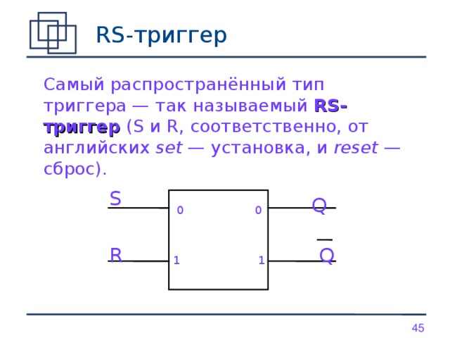 RS- триггер Самый распространённый тип триггера — так называемый RS-триггер (S и R, соответственно, от английских set — установка, и reset — сброс). S Q 0 0 R Q 1 1