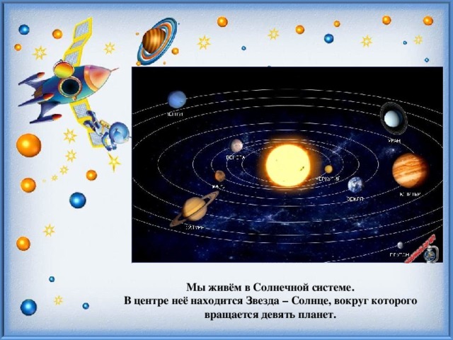 Мы живём в Солнечной системе. В центре неё находится Звезда – Солнце, вокруг которого вращается девять планет.