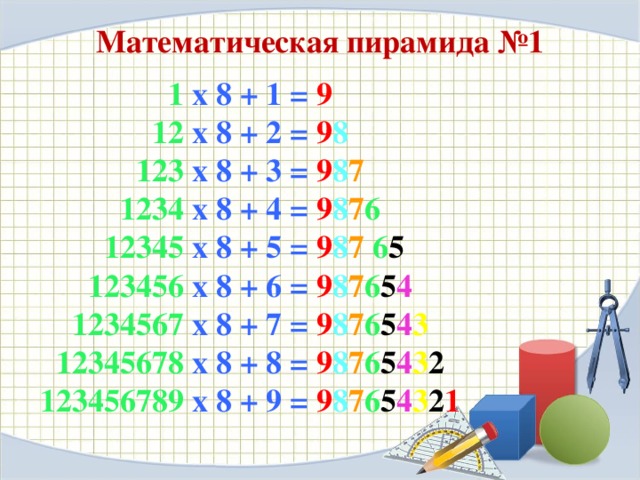 Математическая пирамида №1 1 x 8 + 1 = 9  12 x 8 + 2 = 9 8  123 x 8 + 3 = 9 8 7  1234 x 8 + 4 = 9 8 7 6   12345 x 8 + 5 = 9 8 7 6 5  123456 x 8 + 6 = 9 8 7 6 5 4  1234567 x 8 + 7 = 9 8 7 6 5 4 3  12345678 x 8 + 8 = 9 8 7 6 5 4 3 2  123456789 x 8 + 9 = 9 8 7 6 5 4 3 2 1