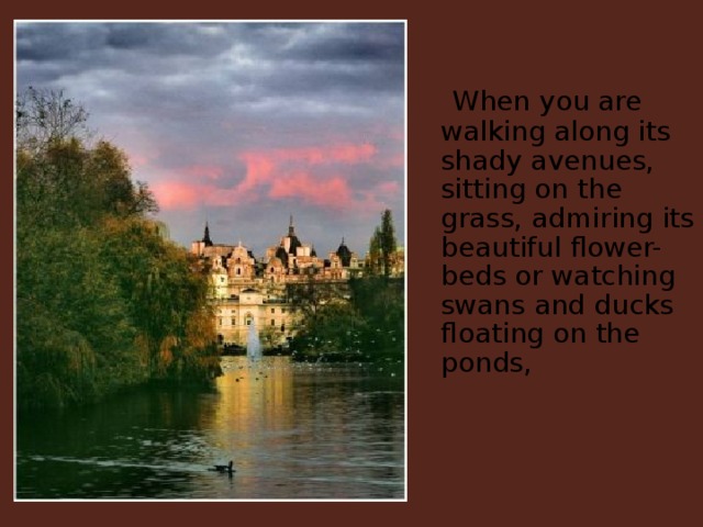 When you are walking along its shady avenues, sitting on the grass, admiring its beautiful flower-beds or watching swans and ducks floating on the ponds,