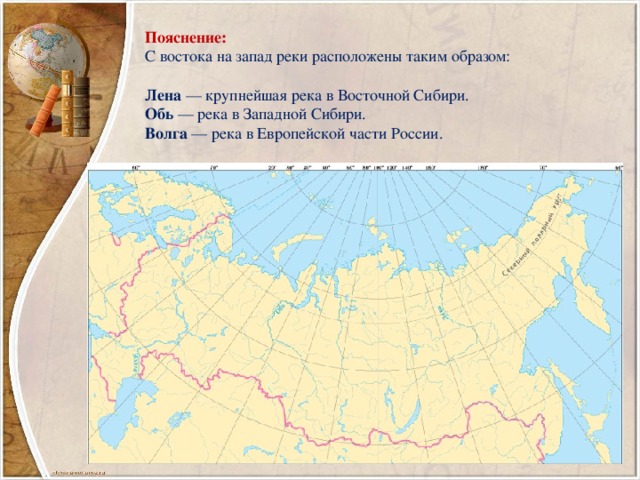 Пояснение: С востока на запад реки расположены таким образом:   Лена  — крупнейшая река в Восточной Сибири. Обь  — река в Западной Сибири. Волга  — река в Европейской части России.