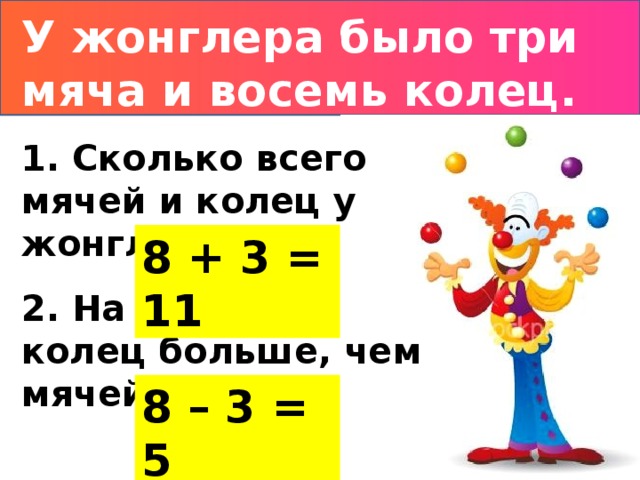 У жонглера было три мяча и восемь колец. 1. Сколько всего мячей и колец у жонглера? 8 + 3 = 11 2. На сколько колец больше, чем мячей? 8 – 3 = 5