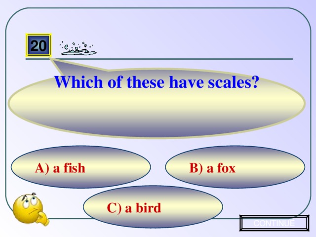 Which of these have scales? 20 B) a fox A) a fish C) a bird CONTINUE