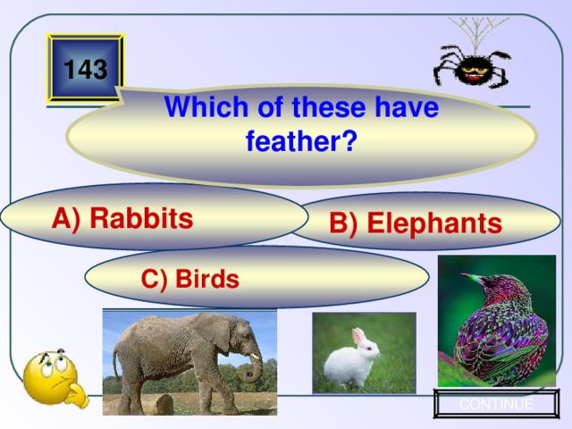 Which of these have feather? 143 A) Rabbits B) Elephants C) Birds CONTINUE