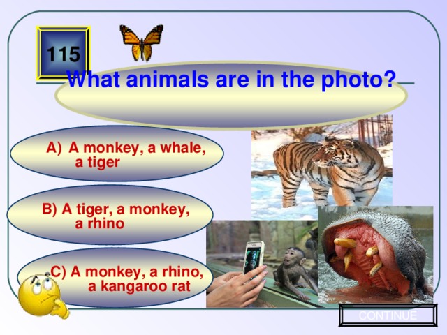What animals are in the photo? 115 A monkey, a whale,  a tiger B) A tiger, a monkey,  a rhino C) A monkey, a rhino,  a kangaroo rat CONTINUE