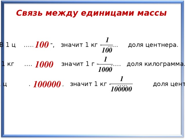 Связь между единицами массы 100 В 1 ц …… кг, значит 1 кг - ….. доля центнера. 1000 В 1 кг …… г, значит 1 г - ….. доля килограмма. 100000 В 1 ц …… г, значит 1 кг - ….. доля центнера.
