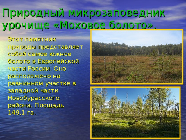 Природный микрозаповедник урочище «Моховое болото».  Этот памятник природы представляет собой самое южное болото в Европейской части России. Оно расположено на равнинном участке в западной части Новобурасского района. Площадь 149,1 га.