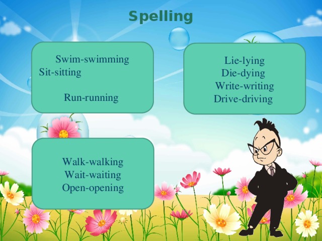 Spelling Swim-swimming Sit-sitting Run-running Lie-lying Die-dying Write-writing Drive-driving Walk-walking Wait-waiting Open-opening