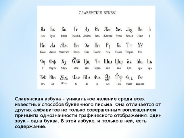 Славянская азбука – уникальное явление среди всех известных способов буквенного письма. Она отличается от других алфавитов не только совершенным воплощением принципа однозначности графического отображения: один звук – одна буква. В этой азбуке, и только в ней, есть содержание.