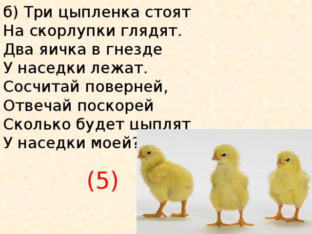б) Три цыпленка стоят На скорлупки глядят. Два яичка в гнезде У наседки лежат. Сосчитай поверней, Отвечай поскорей Сколько будет цыплят У наседки моей?    (5)