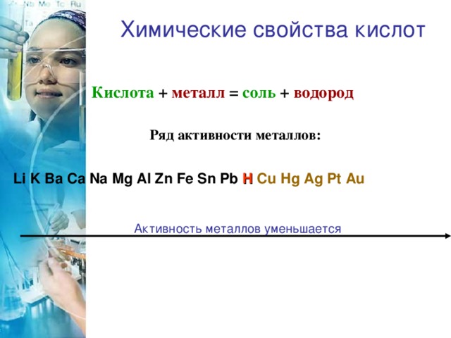 Химические свойства кислот  Кислота +  металл  = соль +  водород   Ряд активности металлов:  Li K Ba Ca Na Mg Al Zn Fe Sn Pb H  Cu  Hg Ag Pt Au Активность металлов уменьшается
