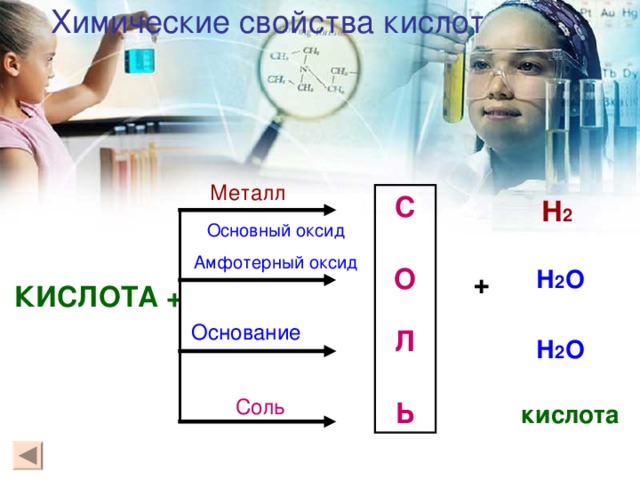 Химические свойства кислот                                                        Металл С О Л Ь Н 2 Основный оксид Амфотерный оксид Н 2 О +  КИСЛОТА + Основание Н 2 О  Соль кислота