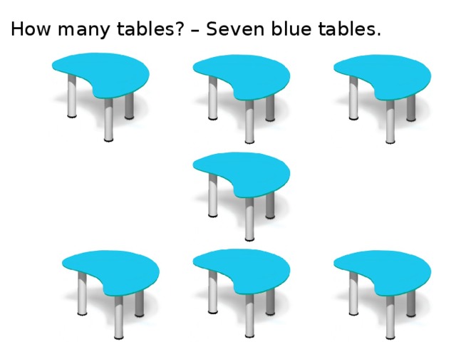 How many tables? – Seven blue tables.