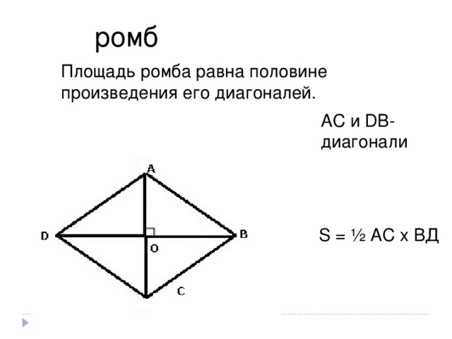 ромб Площадь ромба равна половине произведения его диагоналей. AC и DB- диагонали S = ½ АС х ВД