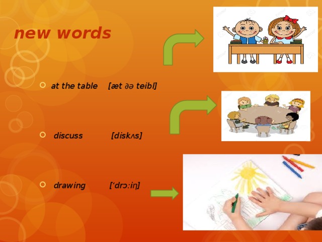 new words at the table [æt ∂ə teibl]     discuss [diskᴧs]