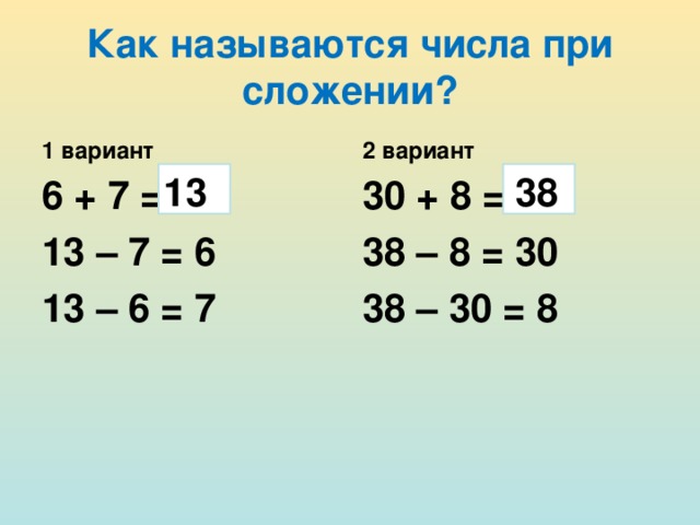 Как называются числа при сложении? 1 вариант 2 вариант 38 13 6 + 7 = 13 – 7 = 6 13 – 6 = 7 30 + 8 = 38 – 8 = 30 38 – 30 = 8