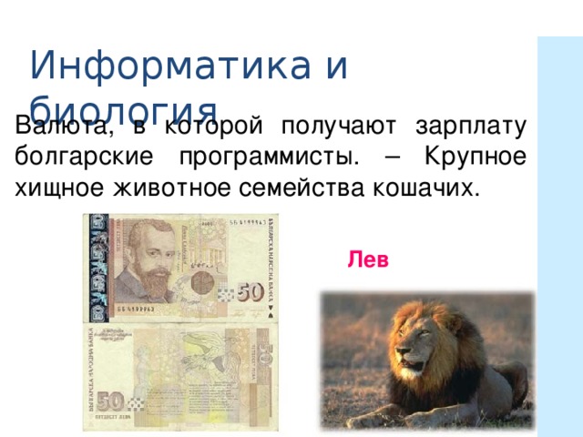 Информатика и биология Валюта, в которой получают зарплату болгарские программисты. – Крупное хищное животное семейства кошачих. Лев