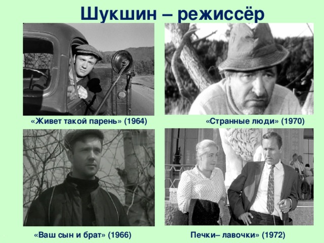Шукшин – режиссёр  «Живет такой парень» (1964)  «Странные люди» (1970)   .    «Ваш сын и брат» (1966) Печки– лавочки» (1972)