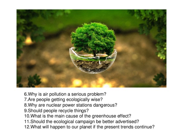 6.Why is air pollution a serious problem? 7.Are people getting ecologically wise? 8.Why are nuclear power stations dangerous? 9.Should people recycle things? 10.What is the main cause of the greenhouse effect? 11.Should the ecological campaign be better advertised? 12.What will happen to our planet if the present trends continue?