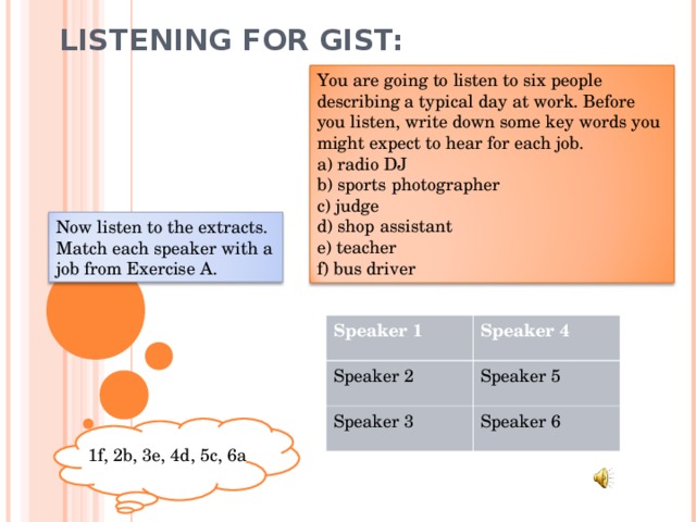 LISTENING FOR GIST: You are going to listen to six people describing a typical day at work. Before you listen, write down some key words you might expect to hear for each job. a) radio DJ b) sports photographer c) judge d) shop assistant e) teacher f) bus driver Now listen to the extracts. Match each speaker with a job from Exercise A. Speaker 1  Speaker 2 Speaker 4 Speaker 3 Speaker 5 Speaker 6 1f, 2b, 3e, 4d, 5c, 6a