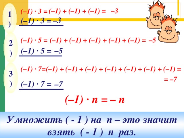 1) – 3 (–1) + (–1) + (–1) = (–1) · 3 = – 3 (–1) · 3  = 2) – 5 (–1) · 5 = (–1) + (–1) + (–1) + (–1) + (–1) = – 5 (–1) · 5  = 3) (–1) · 7= (–1) + (–1) + (–1) + (–1) + (–1) + (–1) + (–1) = = –7 (–1) · 7  = – 7 (–1) ·  n = – n Умножить ( - 1 ) на п – это значит взять ( - 1 ) п раз.