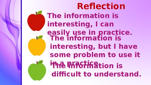 Reflection The information is interesting, I can easily use in practice.  The information is interesting, but I have some problem to use it in a practice. The information is difficult to understand.