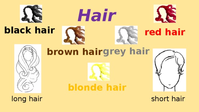 Hair black hair red hair grey hair brown hair Next we move to details such as hair and any other prominent features, like eyes, a nose, a mouth, a moustache, a beard and spectacles. Hair What colour is the hair? blonde hair long hair short hair