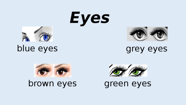Eyes blue eyes grey eyes  Eyes What colour are the eyes? Note! This is a black eye! green eyes brown eyes