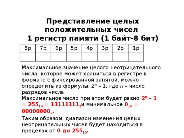 Представление целых положительных чисел 1 регистр памяти (1 байт-8 бит) 8р 7р 6р 5р 4р 3р 2р 1р Максимальное значение целого неотрицательного числа, которое может храниться в регистре в формате с фиксированной запятой, можно определить из формулы: 2 n – 1, где п – число разрядов числа.  Максимальное число при этом будет равно 2 8 – 1 = 255 10 = 11111111 2 и минимальное 0 10 = 00000000 2 .  Таким образом, диапазон изменения целых неотрицательных чисел будет находиться в пределах от 0 до 255 10 .