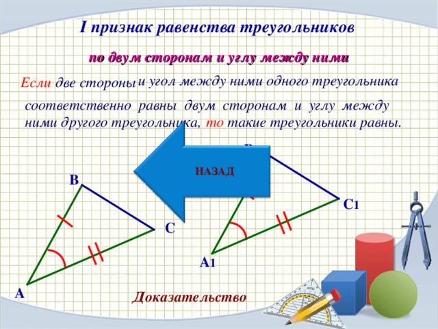 I признак равенства треугольников по двум сторонам и углу между ними  Если две стороны и угол между ними одного треугольника соответственно равны двум сторонам и углу между ними другого треугольника, то такие треугольники равны. B 1 НАЗАД B C 1 C A 1 A Доказательство